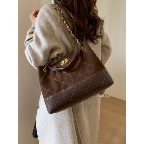 大容量菱格鏈條麂皮絨水桶包2025新款女時尚百搭通勤氣質斜後後背包包