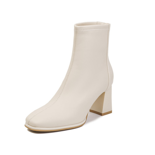 真皮法式高跟短靴女2024秋冬季粗跟馬丁靴方頭白色瘦瘦靴子