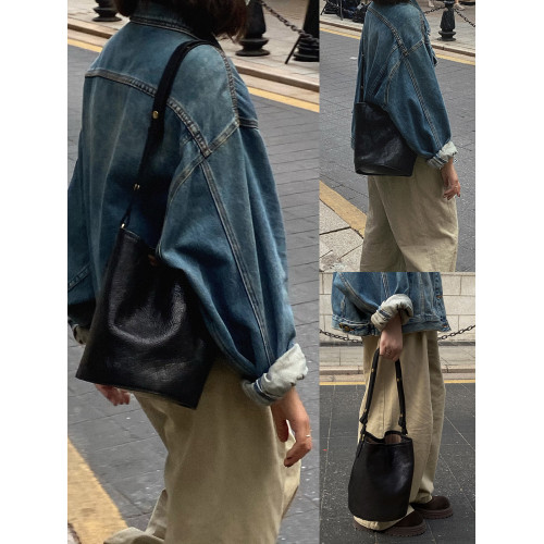 復古文藝頭層植鞣軟皮水桶托特包小衆通勤高級感大容量腋下斜後後背包
