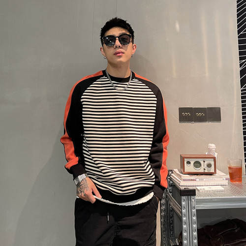 春秋季新款男士條紋拼色圓領衛衣寬鬆百搭套頭休閒外套美式帥氣潮