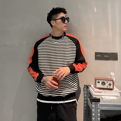 春秋季新款男士條紋拼色圓領衛衣寬鬆百搭套頭休閒外套美式帥氣潮