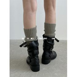 飾與美韓國東大門秋冬新款圓頭低跟皮帶釦帥氣堆堆套筒中筒靴百搭