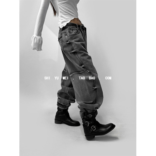 飾與美韓國東大門秋冬新款圓頭低跟皮帶釦帥氣堆堆套筒中筒靴百搭