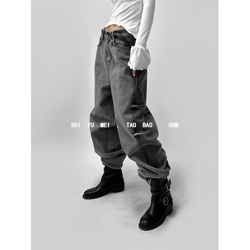 飾與美韓國東大門秋冬新款圓頭低跟皮帶釦帥氣堆堆套筒中筒靴百搭