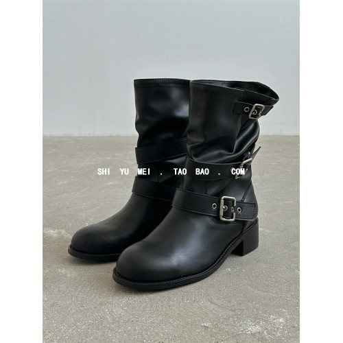 飾與美韓國東大門秋冬新款圓頭低跟皮帶釦帥氣堆堆套筒中筒靴百搭