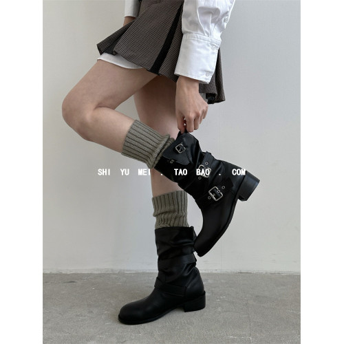 飾與美韓國東大門秋冬新款圓頭低跟皮帶釦帥氣堆堆套筒中筒靴百搭