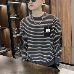 衛衣男無帽秋開春新款休閒長袖T恤男士百搭寬鬆條紋圓領加絨上衣