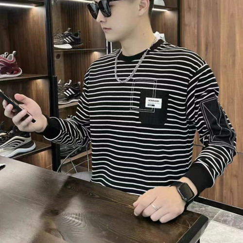 衛衣男無帽秋開春新款休閒長袖T恤男士百搭寬鬆條紋圓領加絨上衣 衛衣男無帽秋開春新款休閒長袖T恤男士百搭寬鬆條紋圓領加絨上衣