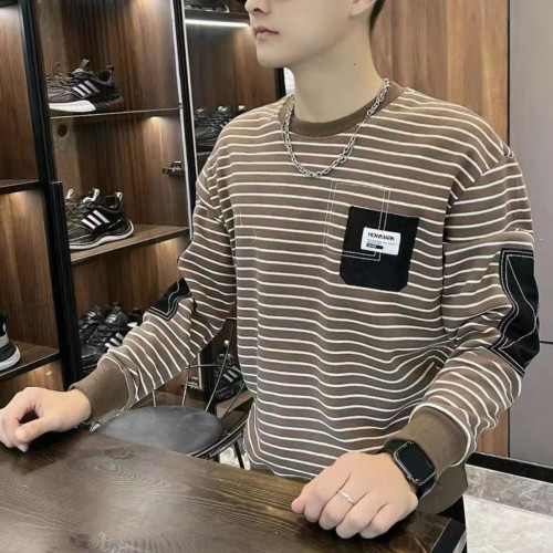 衛衣男無帽秋開春新款休閒長袖T恤男士百搭寬鬆條紋圓領加絨上衣 衛衣男無帽秋開春新款休閒長袖T恤男士百搭寬鬆條紋圓領加絨上衣