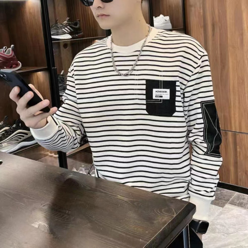 衛衣男無帽秋開春新款休閒長袖T恤男士百搭寬鬆條紋圓領加絨上衣 衛衣男無帽秋開春新款休閒長袖T恤男士百搭寬鬆條紋圓領加絨上衣