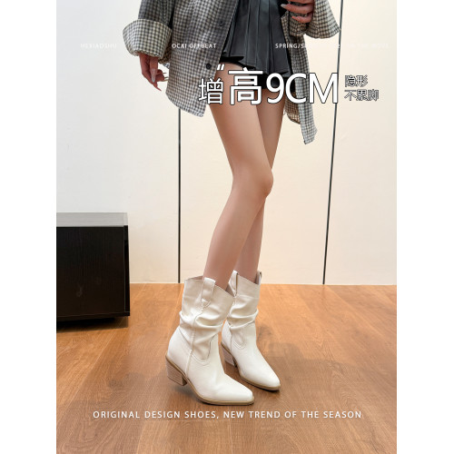 牛皮版趙露思同款堆堆靴短靴女高跟復古西部牛仔騎士靴加絨馬丁靴