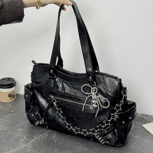 韓國小衆deinet機車包痛包黑色y2k辣妹風斜背通勤大容量托特包女 韓國小衆deinet機車包痛包黑色y2k辣妹風斜背通勤大容量托特包女