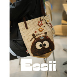 完美款款essii可愛絨毛煤球原創可愛印花單肩可斜背長水桶帆布包