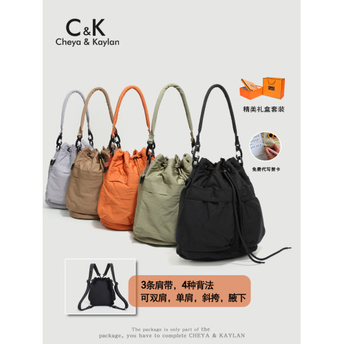 CHEYA&KAYLAN原創設計多口袋輕便帆布雙肩包女手提單肩斜背水桶包
