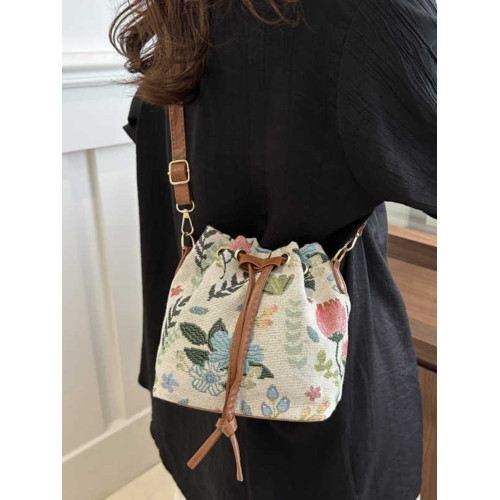 2024新款潮輕便抽繩帆布女包花卉條紋民族風大容量單肩斜背水桶包