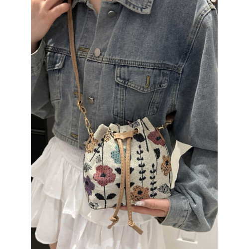 2024新款潮輕便抽繩帆布女包花卉條紋民族風大容量單肩斜背水桶包