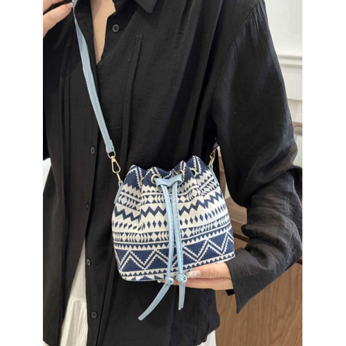 2024新款潮輕便抽繩帆布女包花卉條紋民族風大容量單肩斜背水桶包