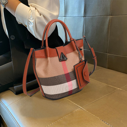 包包女新款格子帆布包時尚真皮子母包三件套水桶包手提單肩斜後後背包