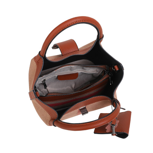 包包女新款格子帆布包時尚真皮子母包三件套水桶包手提單肩斜後後背包