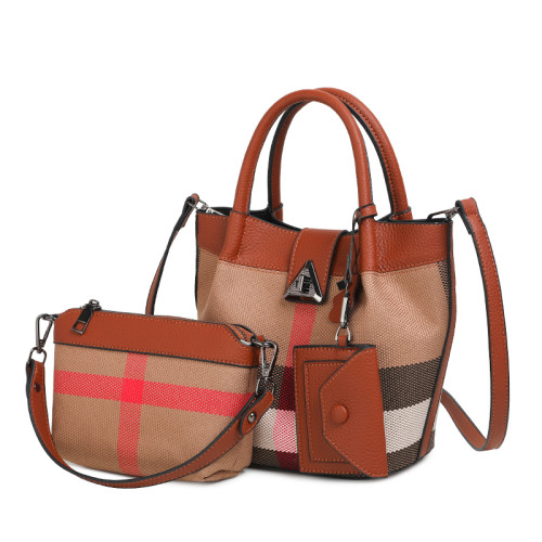 包包女新款格子帆布包時尚真皮子母包三件套水桶包手提單肩斜後後背包