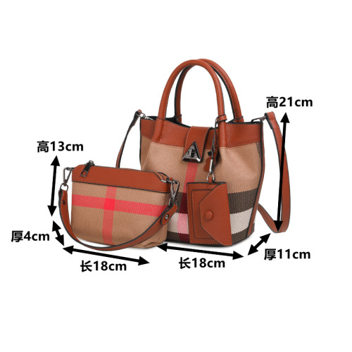 包包女新款格子帆布包時尚真皮子母包三件套水桶包手提單肩斜後後背包
