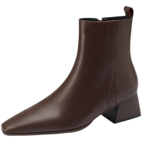 法式復古方頭短靴女2026新款粗跟簡約英倫風真皮百搭側拉鍊馬丁靴