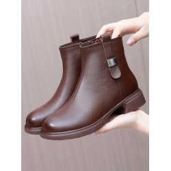 半筒靴全牛皮短靴女春秋單靴軟底媽媽棉鞋大碼平跟冬季加絨女靴子