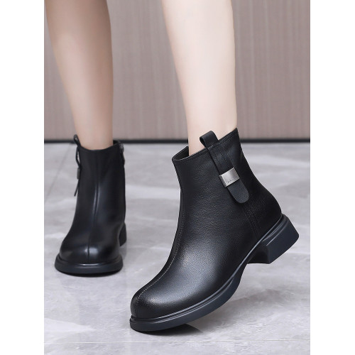 半筒靴全牛皮短靴女春秋單靴軟底媽媽棉鞋大碼平跟冬季加絨女靴子