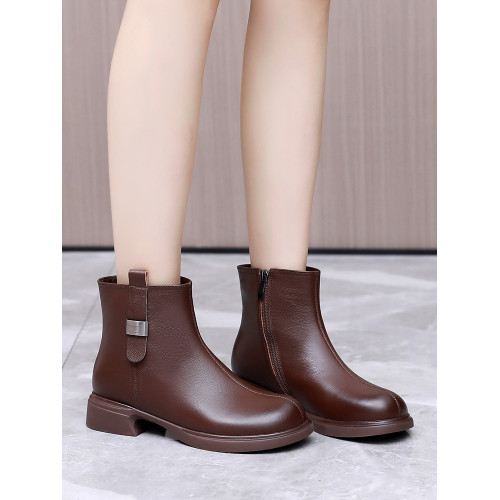 半筒靴全牛皮短靴女春秋單靴軟底媽媽棉鞋大碼平跟冬季加絨女靴子