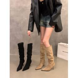 高跟尖頭卡其色絨面堆堆長靴女鞋2025春秋季單靴瘦瘦長筒騎士靴子