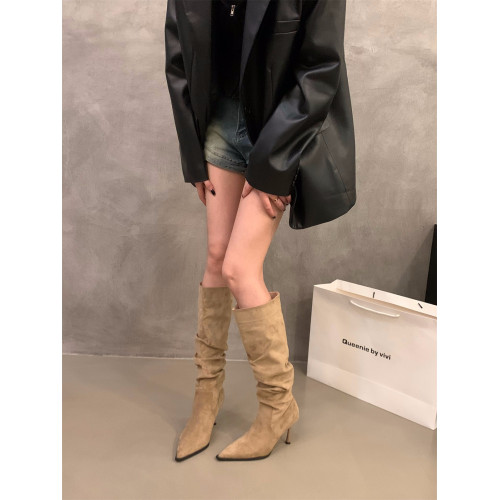 高跟尖頭卡其色絨面堆堆長靴女鞋2025春秋季單靴瘦瘦長筒騎士靴子