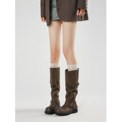 nt3同款做舊擦色皮帶釦堆堆靴粗跟西部新疆靴女兩穿寬筒圍騎士靴