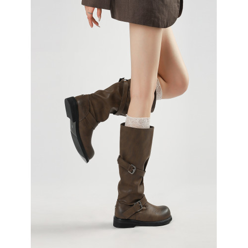 nt3同款做舊擦色皮帶釦堆堆靴粗跟西部新疆靴女兩穿寬筒圍騎士靴