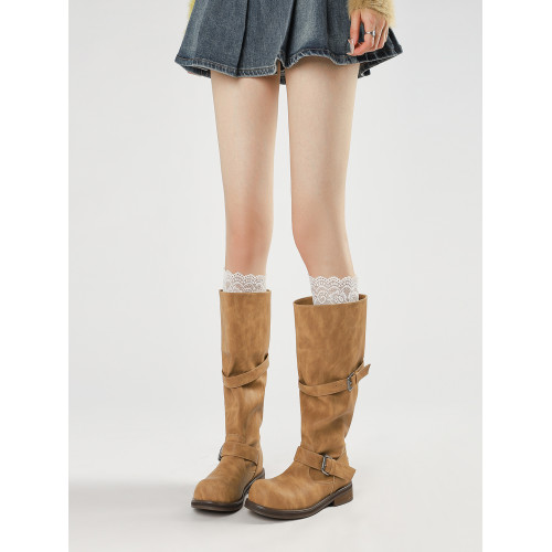 nt3同款做舊擦色皮帶釦堆堆靴粗跟西部新疆靴女兩穿寬筒圍騎士靴