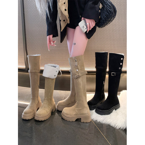 厚底高筒騎士靴女2025秋冬新款加絨高跟過膝長靴兩穿小個子長筒靴