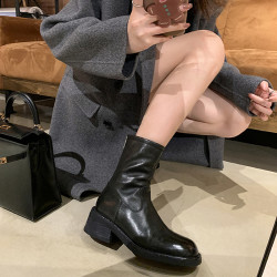 厚底瘦瘦靴子女2025新款秋冬韓系小踝靴粗跟法式真皮圓頭馬丁短靴