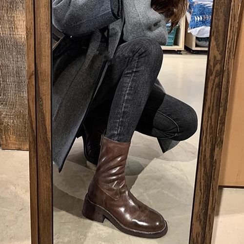 厚底瘦瘦靴子女2025新款秋冬韓系小踝靴粗跟法式真皮圓頭馬丁短靴