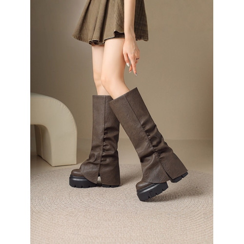 真皮隱形內增高12cm褲琯靴厚底高筒大筒圍騎士靴小個子不過膝女潮