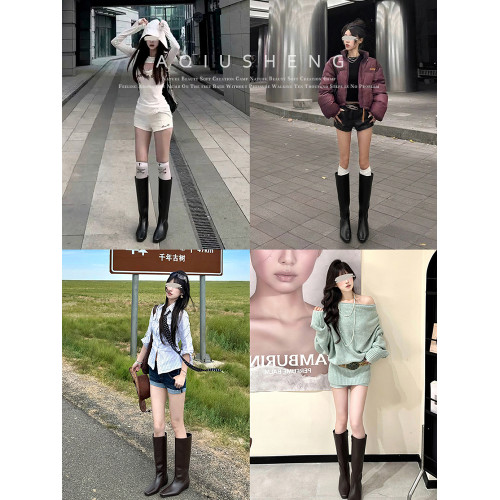 2026新款春秋冬季長筒長靴子內增高方頭棕色美拉德高筒騎士靴女鞋