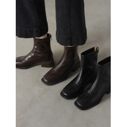 森詩和匠粗跟短靴子女春秋單靴中跟彈力瘦瘦靴新款方頭黑色馬丁靴