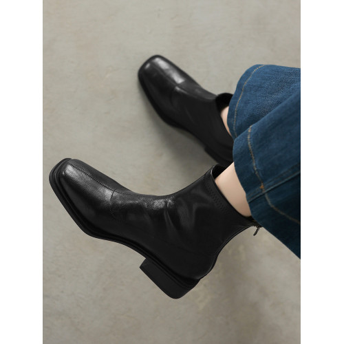 森詩和匠粗跟短靴子女春秋單靴中跟彈力瘦瘦靴新款方頭黑色馬丁靴