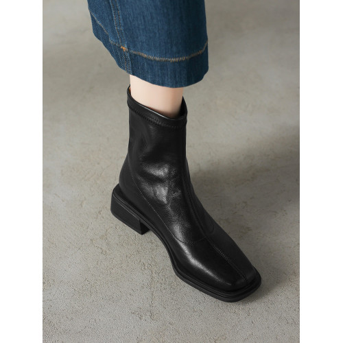 森詩和匠粗跟短靴子女春秋單靴中跟彈力瘦瘦靴新款方頭黑色馬丁靴