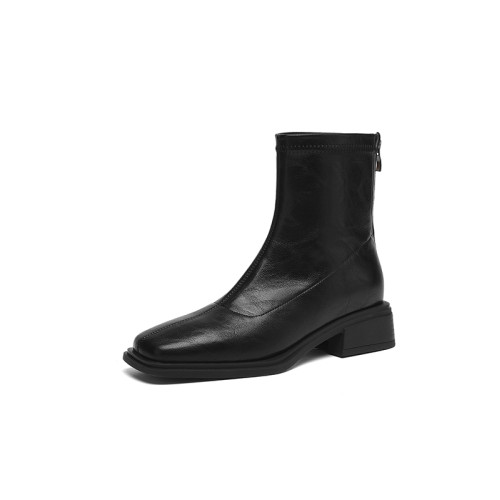 森詩和匠粗跟短靴子女春秋單靴中跟彈力瘦瘦靴新款方頭黑色馬丁靴