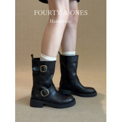 羊皮版~復古圓頭皮帶釦中筒靴子2026年新款粗跟馬丁靴時尚騎士靴