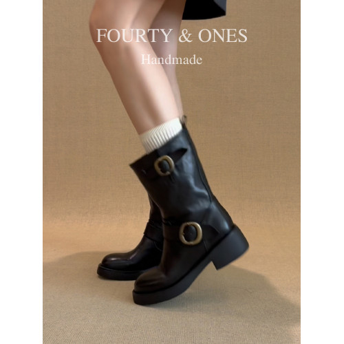 羊皮版~復古圓頭皮帶釦中筒靴子2026年新款粗跟馬丁靴時尚騎士靴