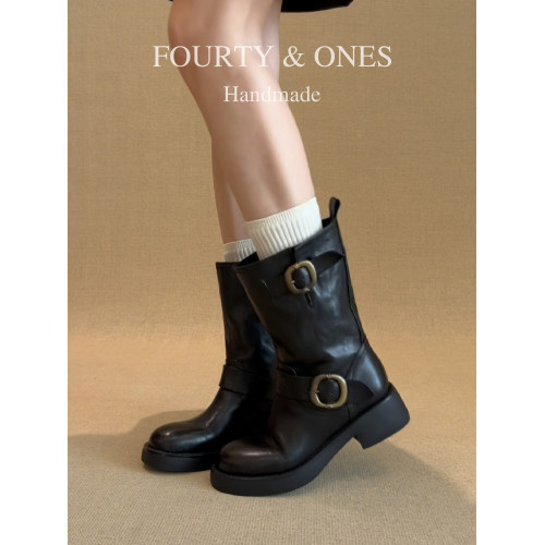 羊皮版~復古圓頭皮帶釦中筒靴子2026年新款粗跟馬丁靴時尚騎士靴