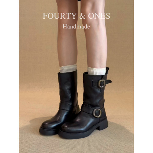 羊皮版~復古圓頭皮帶釦中筒靴子2026年新款粗跟馬丁靴時尚騎士靴