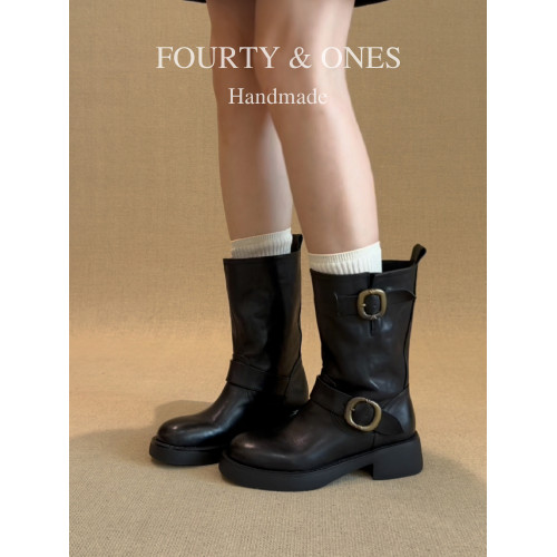 羊皮版~復古圓頭皮帶釦中筒靴子2026年新款粗跟馬丁靴時尚騎士靴