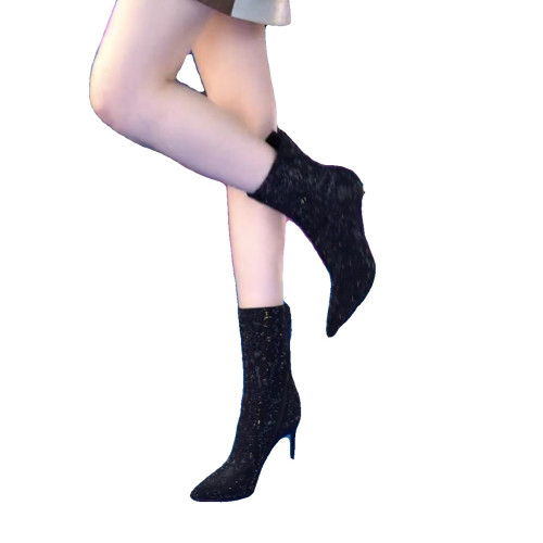 歐美優雅宴會高跟靴子2026秋季新款設計款滿鑽尖頭細跟短筒瘦瘦靴