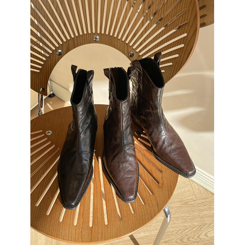 小短靴女款冬季加絨馬丁靴V口真皮裸靴尖頭棕色粗跟西部牛仔靴子 小短靴女款冬季加絨馬丁靴V口真皮裸靴尖頭棕色粗跟西部牛仔靴子